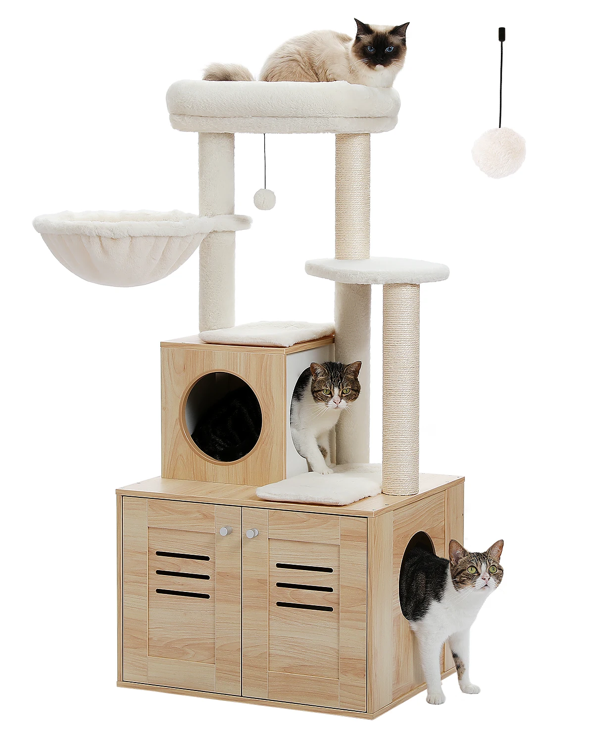 Árbol moderno para gatos con condominio incluido, caja de arena para gatos, muebles de madera maciza con hamaca grande, percha espaciosa superior, h127 cm - imagen 2
