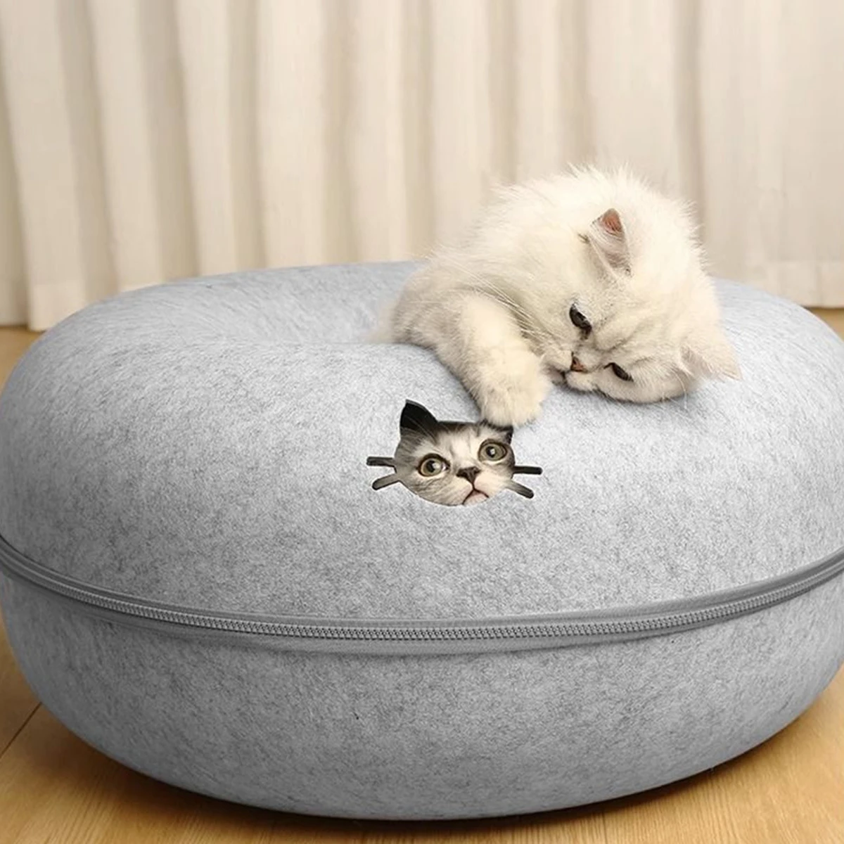 Cama donut de fieltro 2 en 1 para gatos y perros – Túnel y escondite - imagen 2