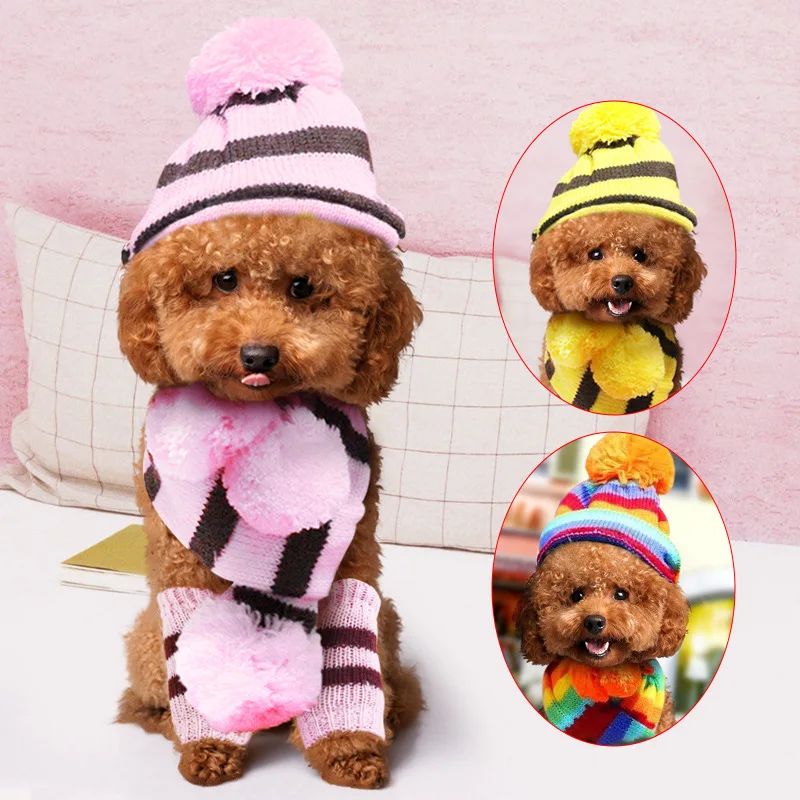Conjunto de invierno de punto con rayas de arcoíris para perro, gorro cálido, bufanda, calentadores y guantes, accesorios de ropa para clima frío para mascotas 3 en 1 - imagen 2
