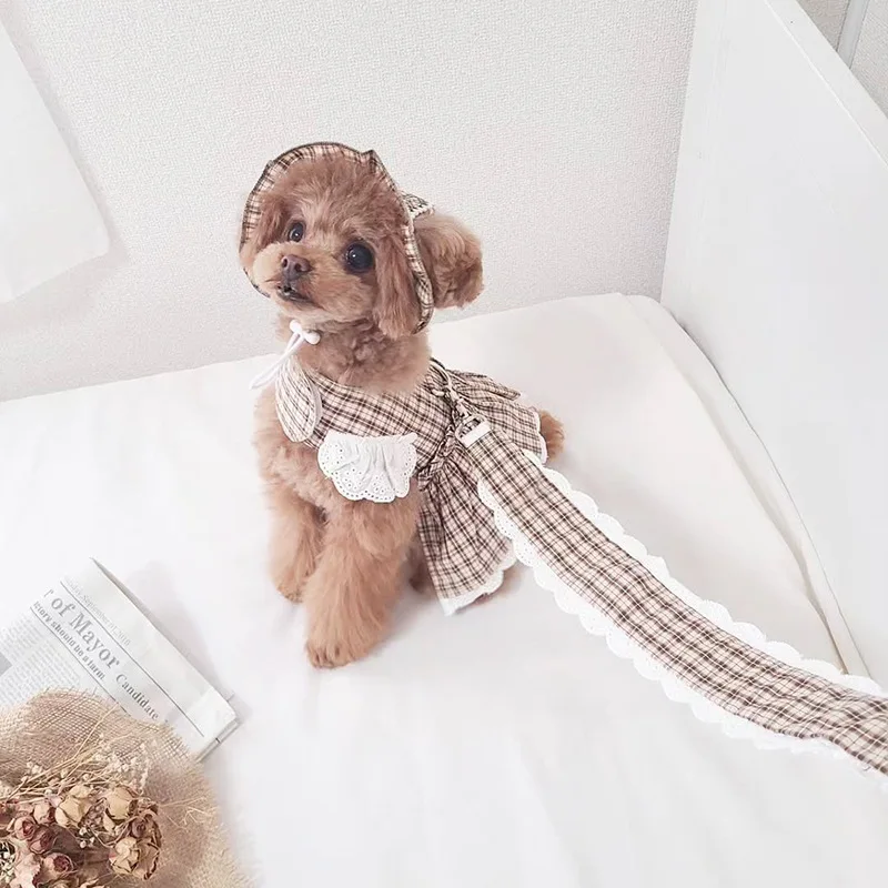 Conjunto de tracción a cuadros para mascotas, vestido con sombrero, princesa a cuadros, cumpleaños, caminar, salir de perros para fotos, conjunto de arnés y correa - imagen 3