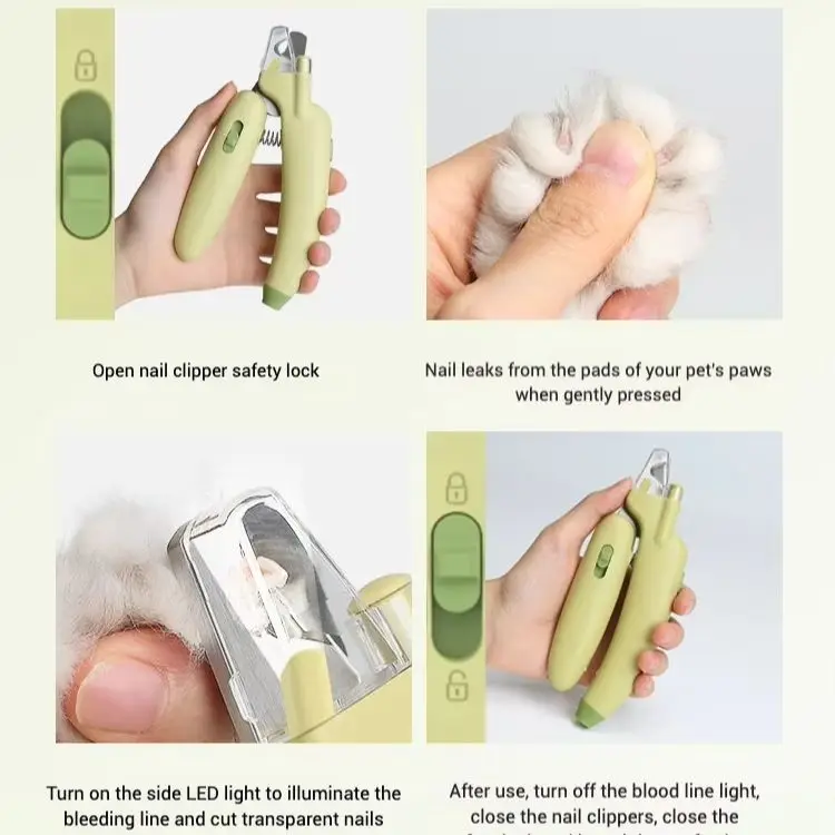 Cortauñas para mascotas con luz LED, hoja de acero inoxidable con forma de plátano, protector contra salpicaduras de seguridad, archivo incorporado, buscador rápido, aseo para gatos - imagen 5