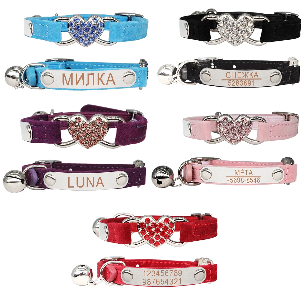 Collar de gato con dije de corazón, nombre de identificación personalizado con campana, seguridad, elástico, ajustable, terciopelo suave, cachorro, perro pequeño, Collar para mascota, gatito - imagen 3