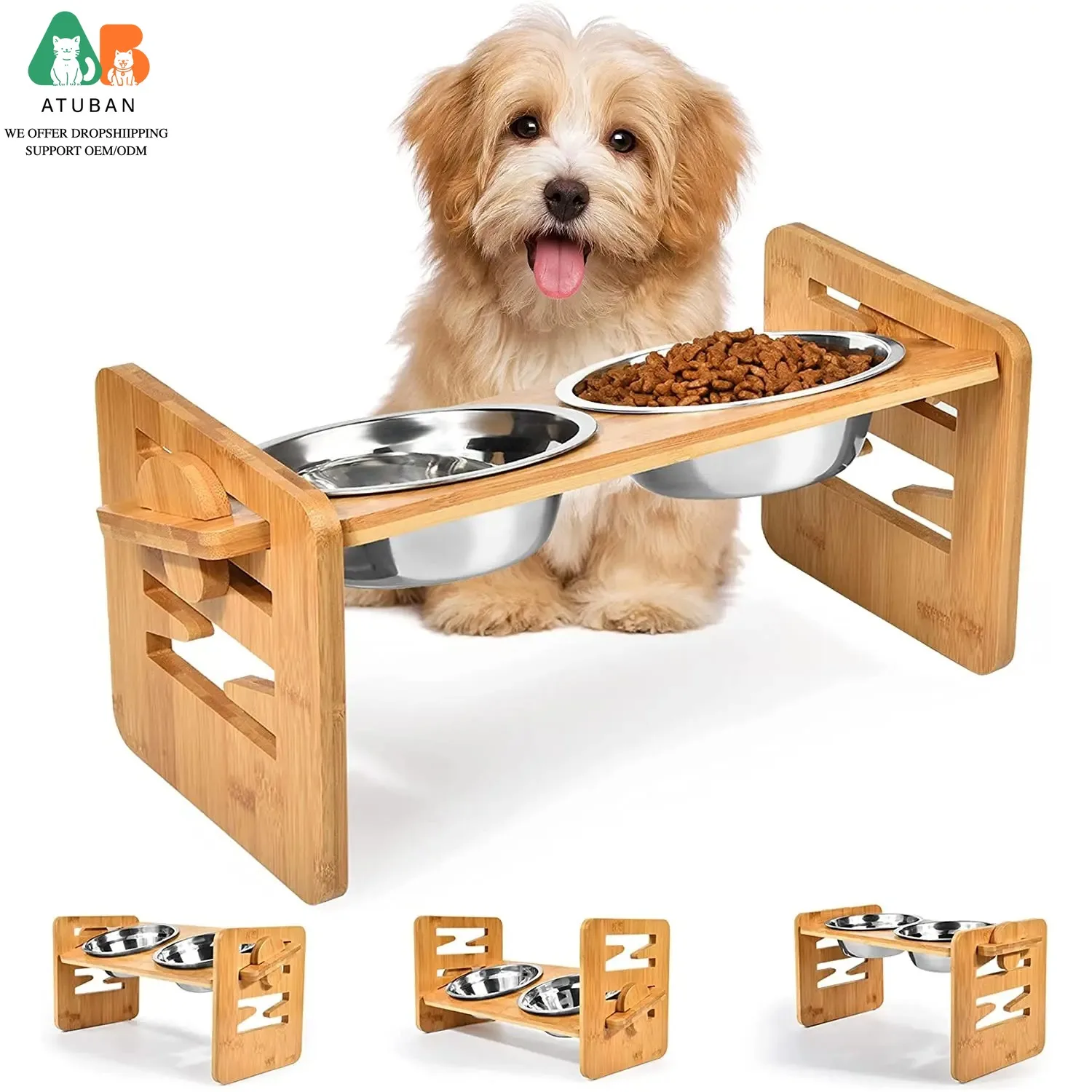 Comedero elevable de bambú con soporte regulable para perros y gatos