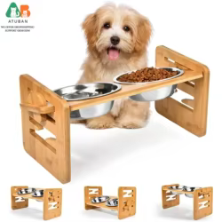Comedero elevable de bambú con soporte regulable para perros y gatos