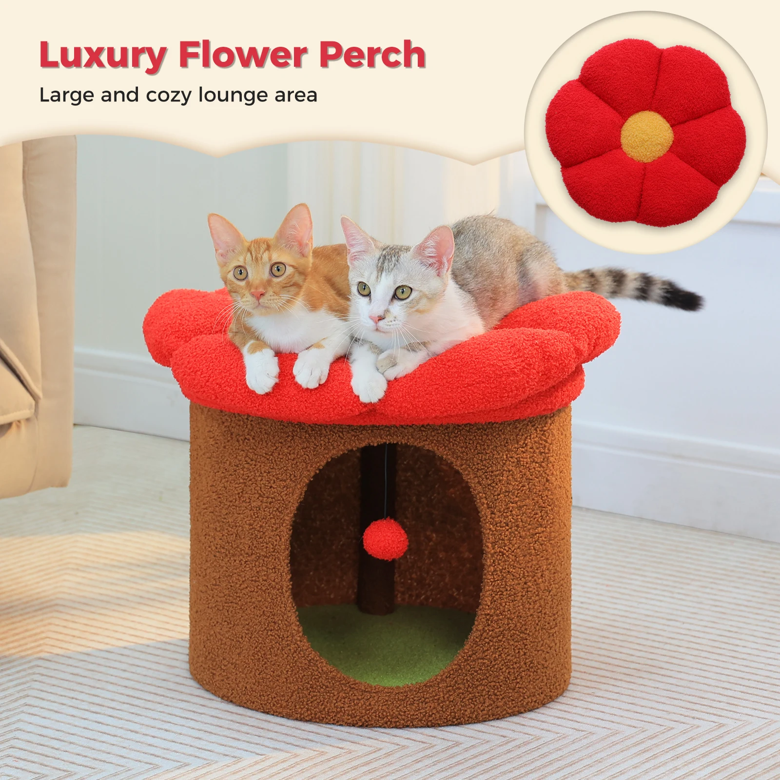 Condominio para gatos de dos pisos para casa de gatos de interior con pompones Cama grande para gatos con percha de flores suave Condominio acogedor y espacioso para gatos múltiples - imagen 5