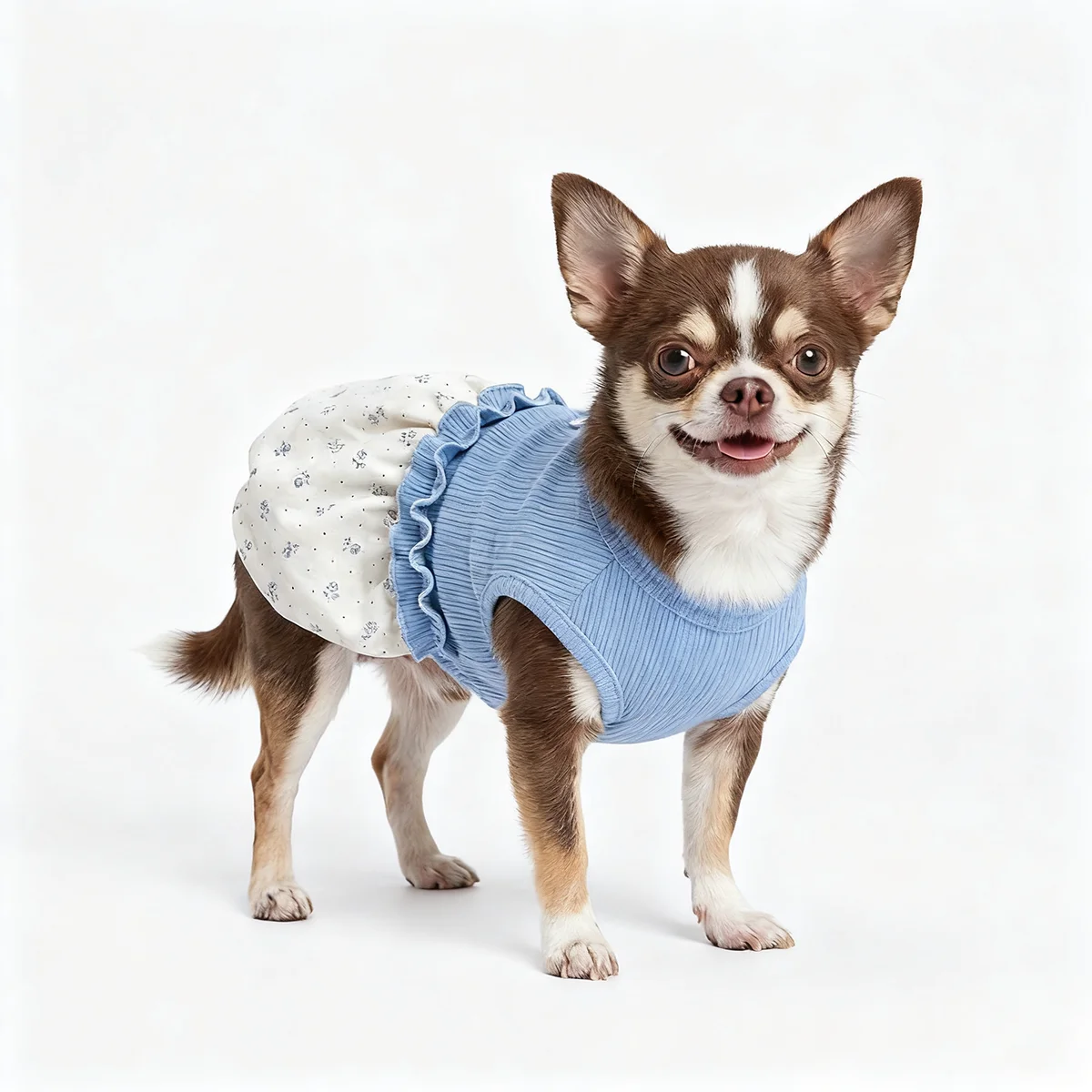 Vestido punto acanalado para perro pequeño con falda floral y volantes - imagen 3