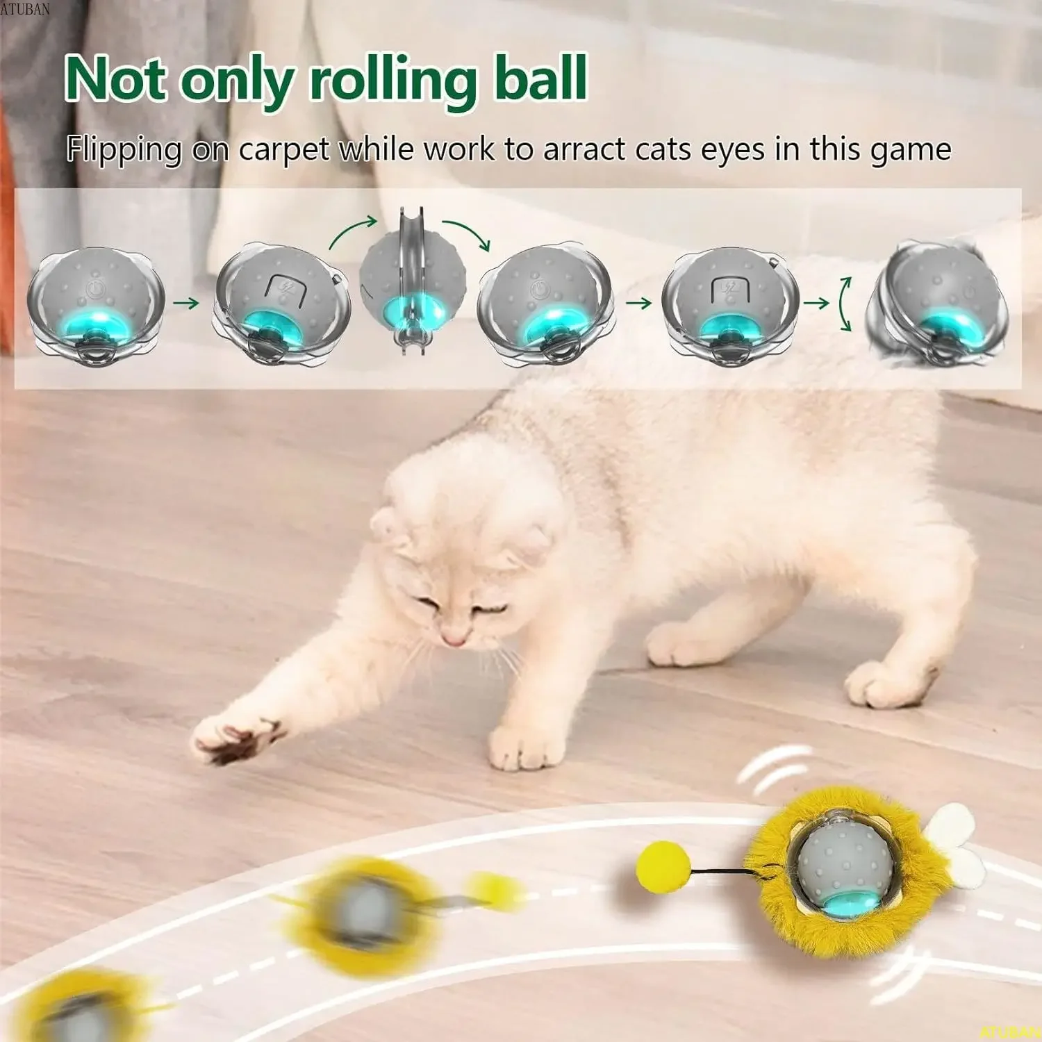 ATUBAN-juguetes interactivos para gatos, pelota Super Drive, juguete eléctrico para gatos, coche robótico rodante automático, activación por movimiento, juguete para gatos de encendido/apagado automático - imagen 2