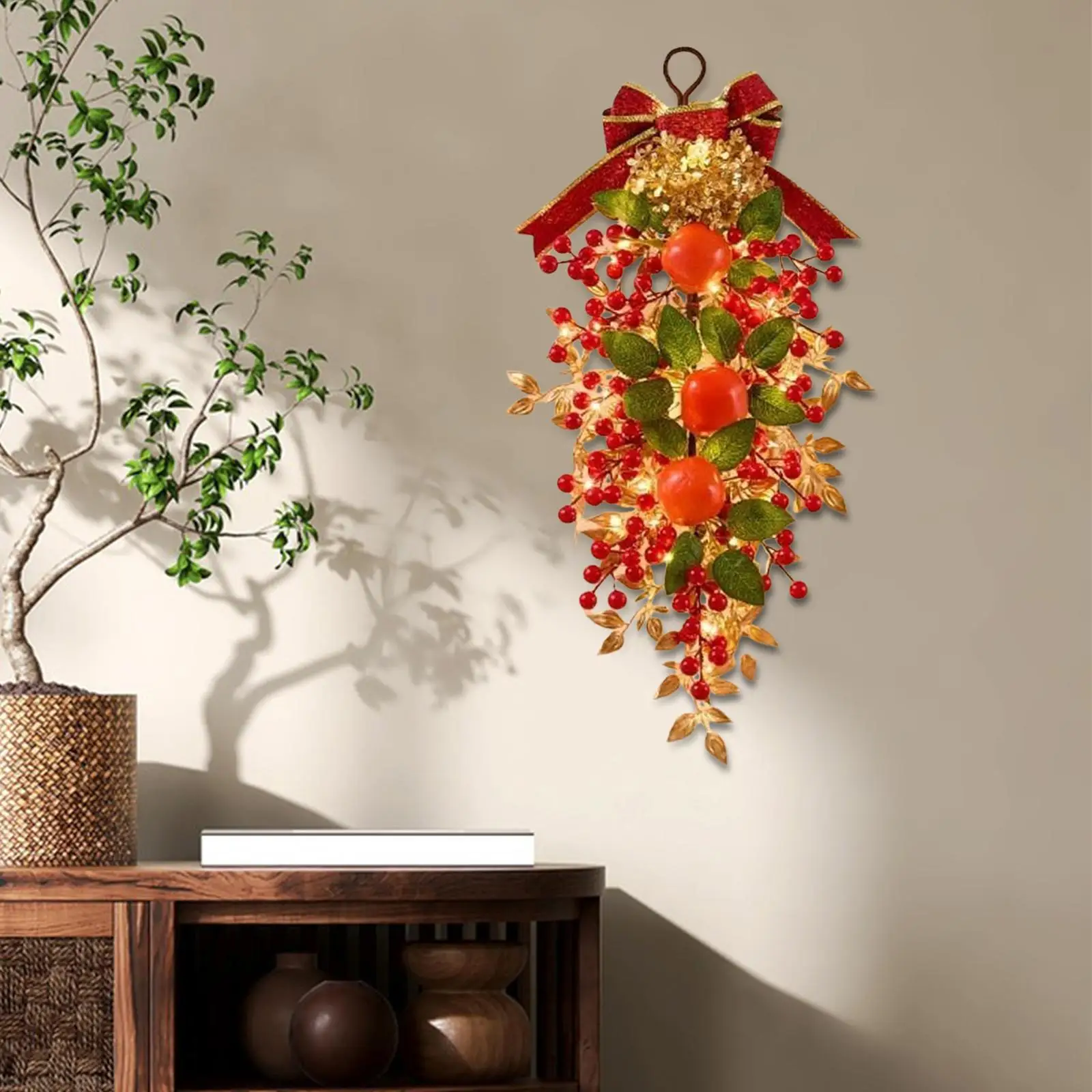 Chinese New Year Wreath PVC Artificial Door Decoration with LED Lights Spring Festival Garland for Home Party Entryway