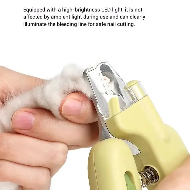 Cortauñas para mascotas con luz LED, hoja de acero inoxidable con forma de plátano, protector contra salpicaduras de seguridad, archivo incorporado, buscador rápido, aseo para gatos