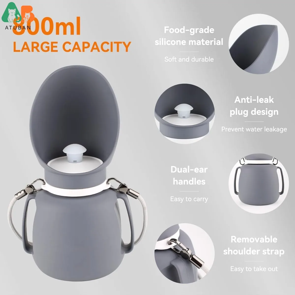 ATUBAN Botella de agua de silicona para perros, plegable y a prueba de fugas 2 en 1, sin BPA, ideal para senderismo, viajes en automóvil y entrenamiento, con mosquetón, 800 ml - imagen 4