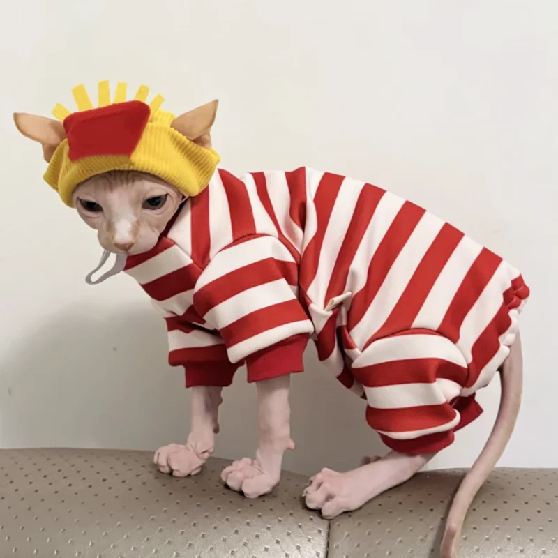 Sudadera a rayas de cuatro patas para gato esfinge, disfraces navideños cálidos rojos para gatos, camiseta interior de lana gruesa para gatitos en invierno