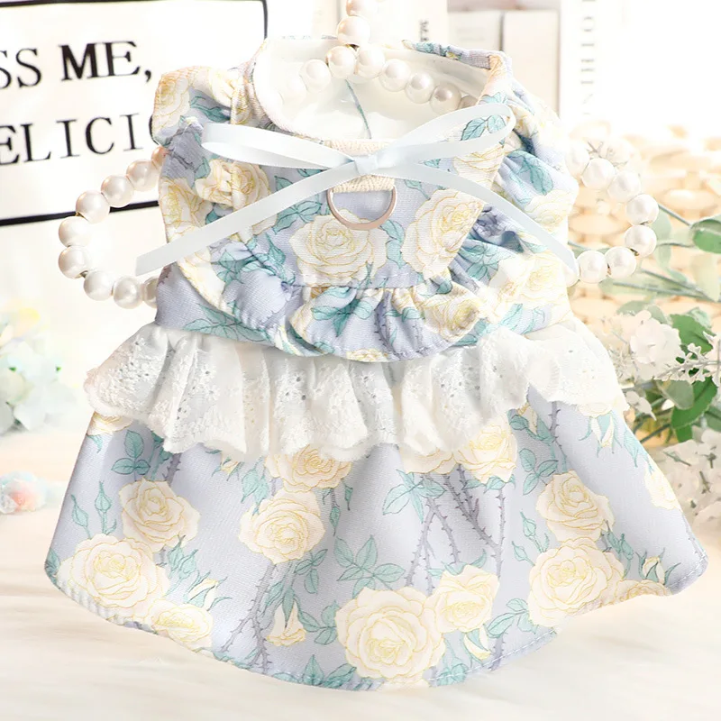 Vestido de princesa fino de primavera y verano, ropa con estampado Floral, falda con volantes y anillo en D para perros pequeños