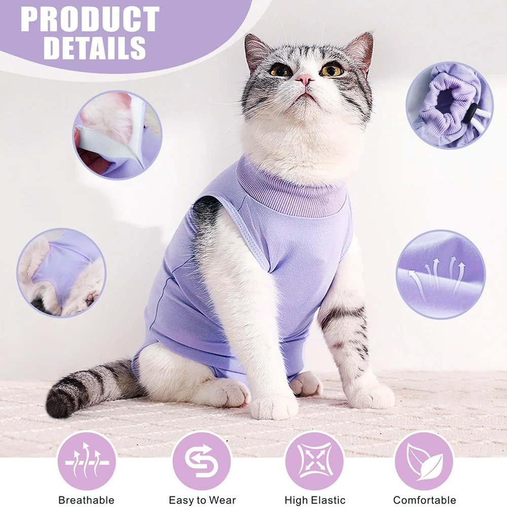 Traje de recuperación de gato para heridas abdominales o enfermedades de la piel, mono de gato sólido acogedor de algodón para después de la cirugía, ropa femenina para gatitos - imagen 5