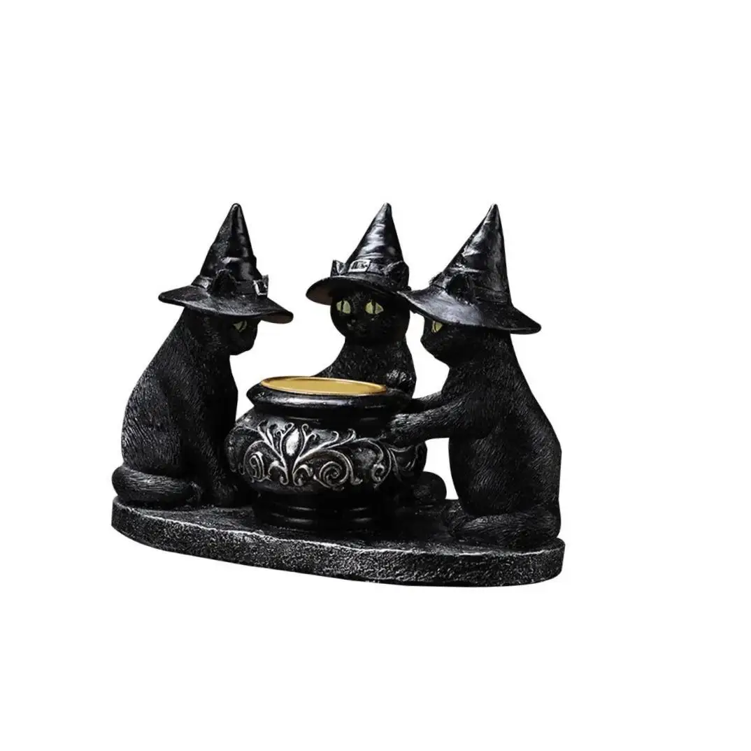 Black Cat Tealight Candle Holder, Halloween Candlestick Party Favor Resin Ornament Home Gothic Figurine for Dinner Fireplace