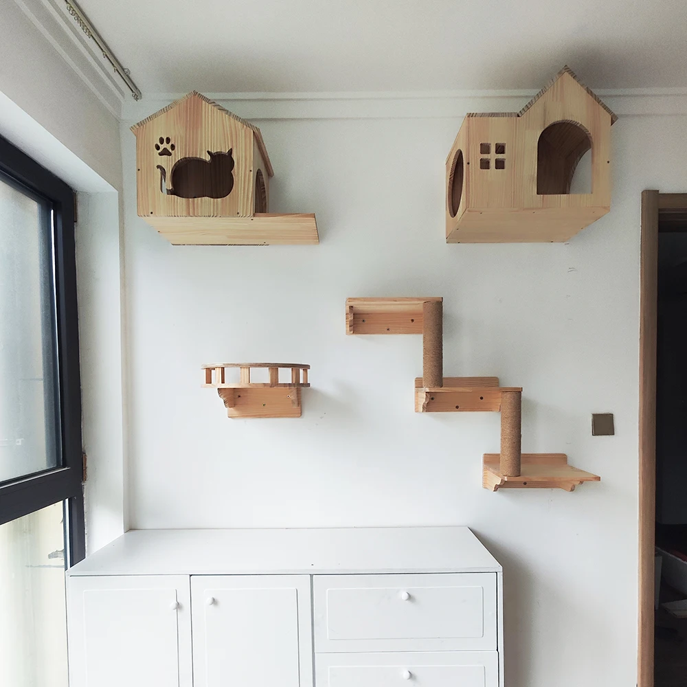 Villas para gatos montadas en la pared con varios estilos de camas para gatos, accesorios para escaleras de madera maciza, adecuados para gatos para jugar y descansar