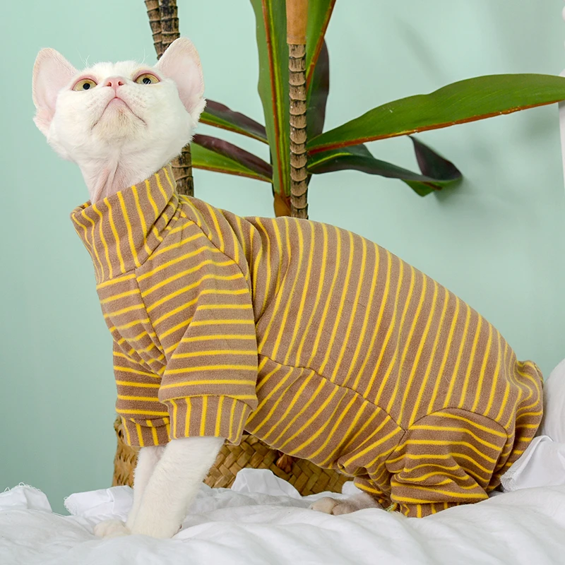 Sphynx Cat Clothes Jumsuit de 4 patas a rayas verdes suaves para gatitos Perros Abrigo de gran tamaño para gatitos en primavera Ropa de estar por casa para Devon - imagen 2