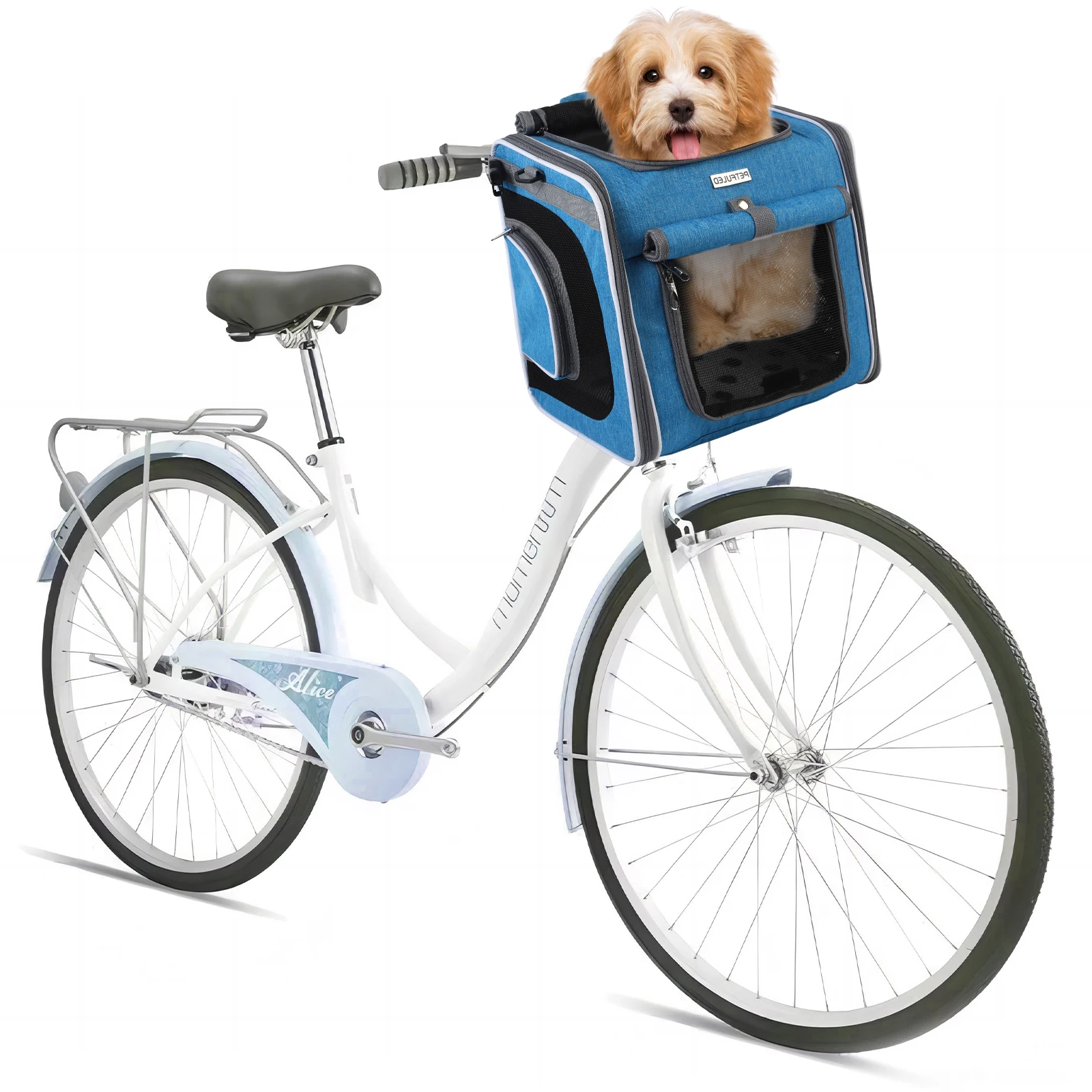PETFULED-Cesta para bicicleta para perros o gatos, mochila transportadora para mascotas de lados blandos expandible con 4 puertas abiertas, portabicicletas plegable para perros, azul - imagen 2