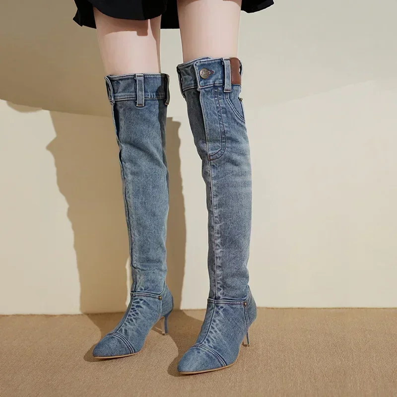 Botas de caballero con punta estrecha para Mujer, Botas Retro hasta la rodilla para Mujer, Botas largas de vaquero occidental para Otoño e Invierno - imagen 3