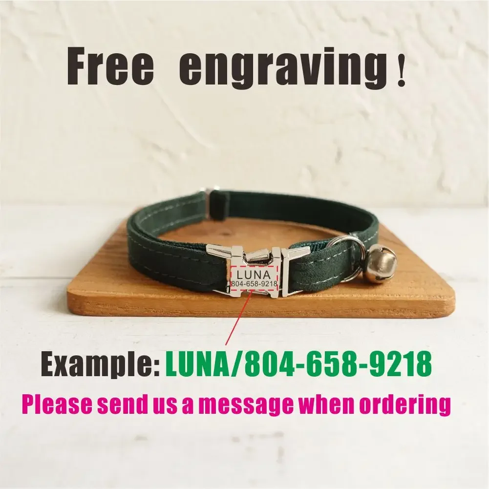 Collar de gato personalizado con grabado gratuito, correa para mascotas a juego, hebilla de Metal de contactos personalizados, Collar para mascotas de terciopelo verde - imagen 4