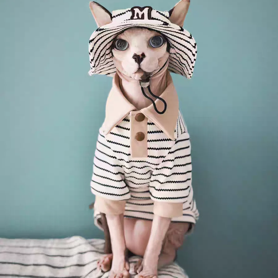 Polo de algodón a rayas para gato Sphynx, sudadera caqui de primavera para gatitos, bonito abrigo, sombrero, traje para gato sin pelo en otoño - imagen 4