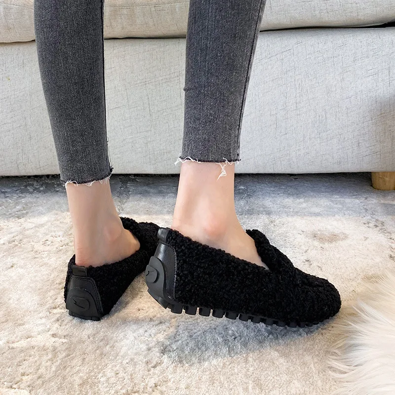 Zapatos planos de talla grande para Mujer, mocasines peludos de lana de cordero, zapatos cálidos de algodón para Mujer, mocasines con forro de piel de oveja para invierno - imagen 3