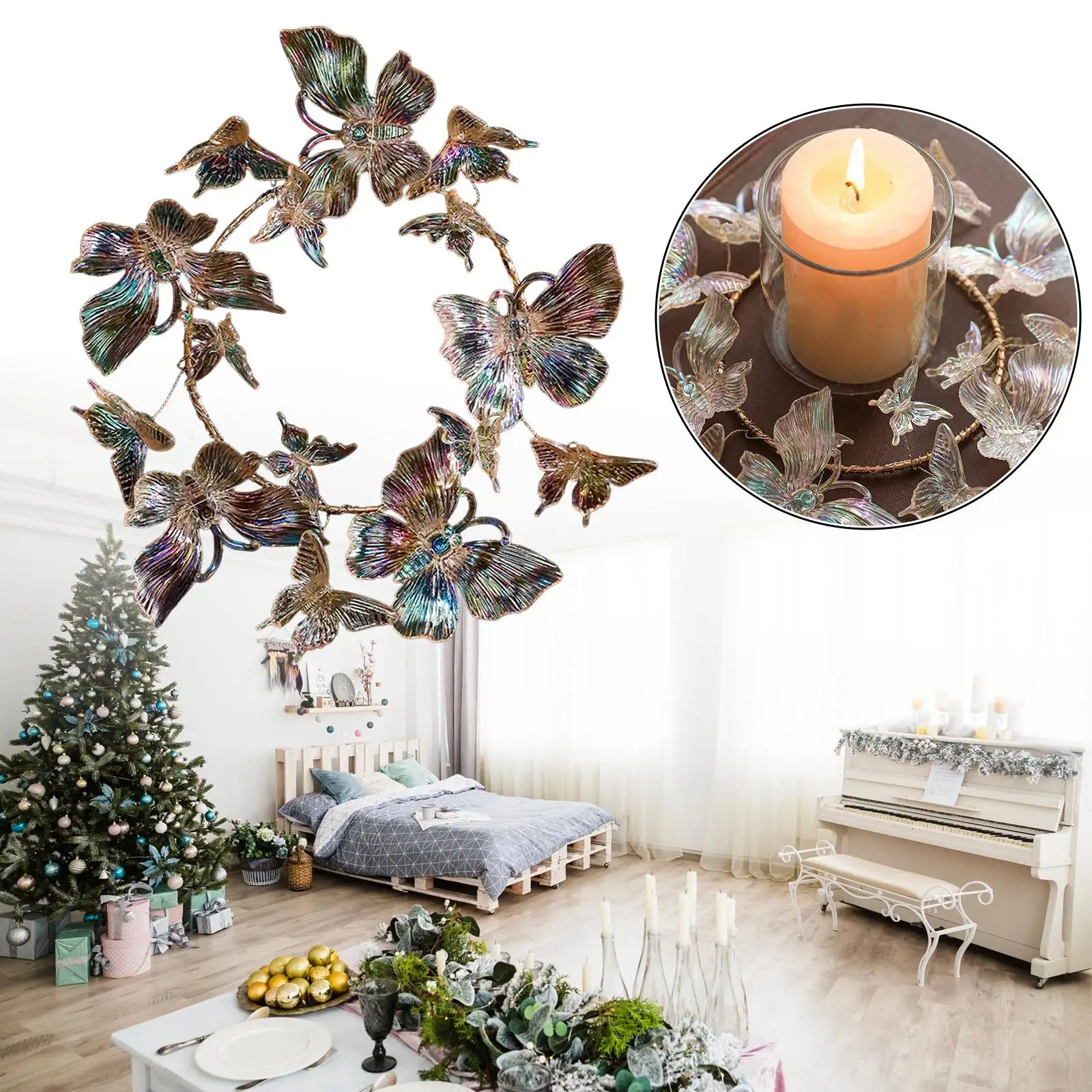 Candle Ring Wreath Tabletop Xmas Christmas Butterfly Decor Candlestick Holder Decoration for Farmhouse Kitchen Wall Living Room