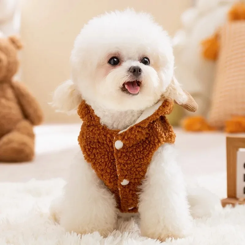 Ropa cálida de oso bonito, abrigo de lana Tractable para perros, ropa para mascotas Ins Wind, abrigo grueso sin mangas para cachorros de invierno, cárdigan de peluche - imagen 3