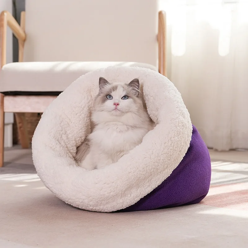Cama cálida de invierno para gatos, cómoda saco de dormir semicerrado de lana gruesa, sofá azul de casa gris suave para gatitos en otoño - imagen 5