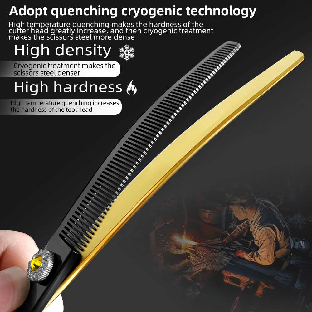 Tijeras profesionales para el cuidado de perros, 7,25 pulgadas, color negro y dorado, curvas, más finas, tijeras para perros, acero japonés 440c - imagen 5