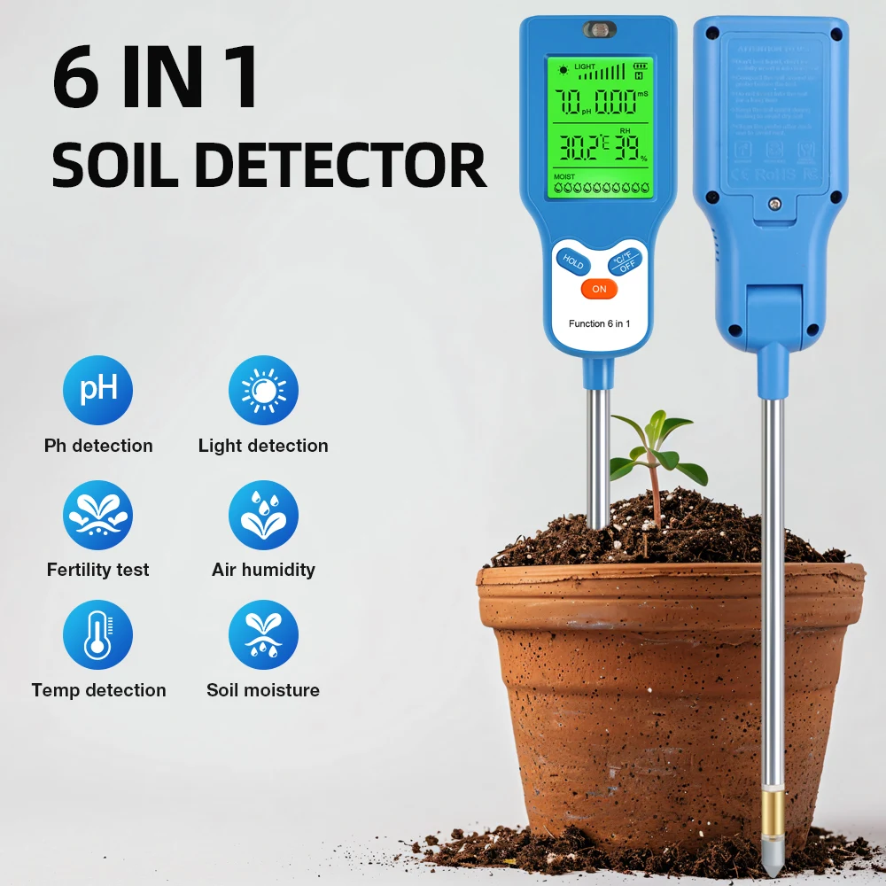 Handheld Soil Tester 6 in 1 Fertility pH Temp Moisture Light Humidity Meter LCD Soil PH Detector Plant Garden Soil Analyser - imagen 4