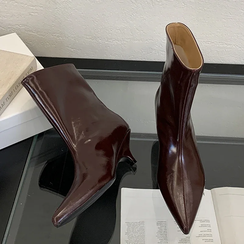 2025 invierno nueva moda botines cortos mujeres puntiagudos elegante vestido de tacón bajo fino zapatos de tacón para mujer - imagen 3