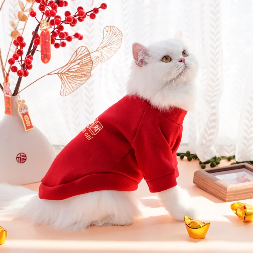 Lucky Break-ropa de invierno para perros pequeños, sudadera de lana roja con dibujos de gatos, monos de Yorkshire Chihuahua, ropa para mascotas de Año Nuevo - imagen 2