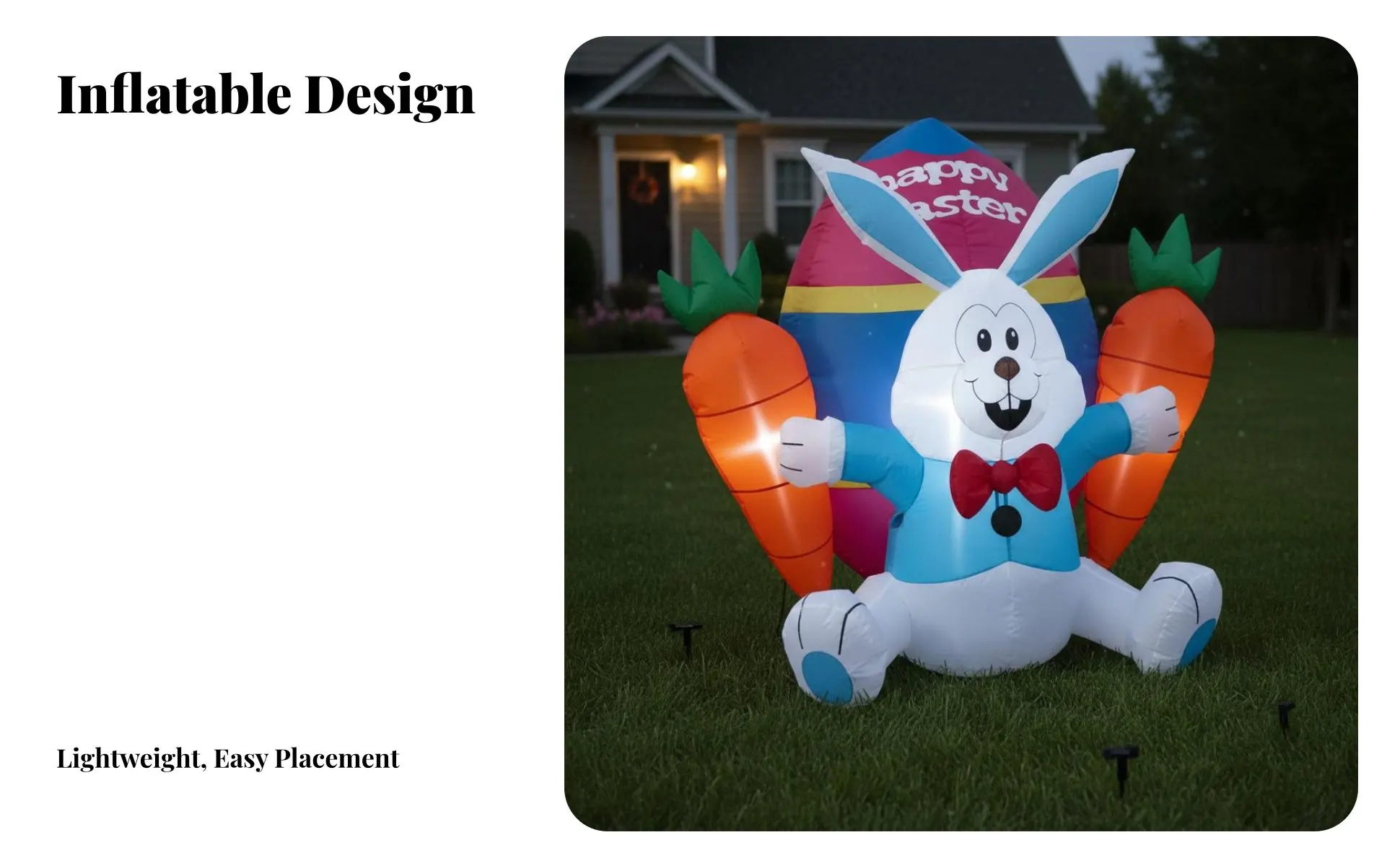 Inflable de Pascua con conejo, pollitos y huevos de colores instalado en jardín