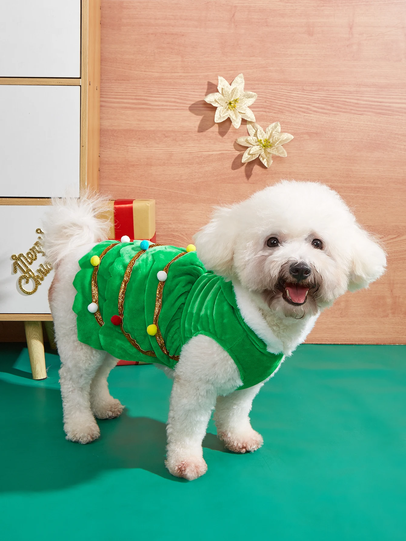 Vestidos de Cosplay de árbol de Navidad para perros, vestido de cachorro con Bola de Pelo y estrellas, ropa peluda para cachorros, fiesta de Navidad para mascotas, Gato cálido C - imagen 2