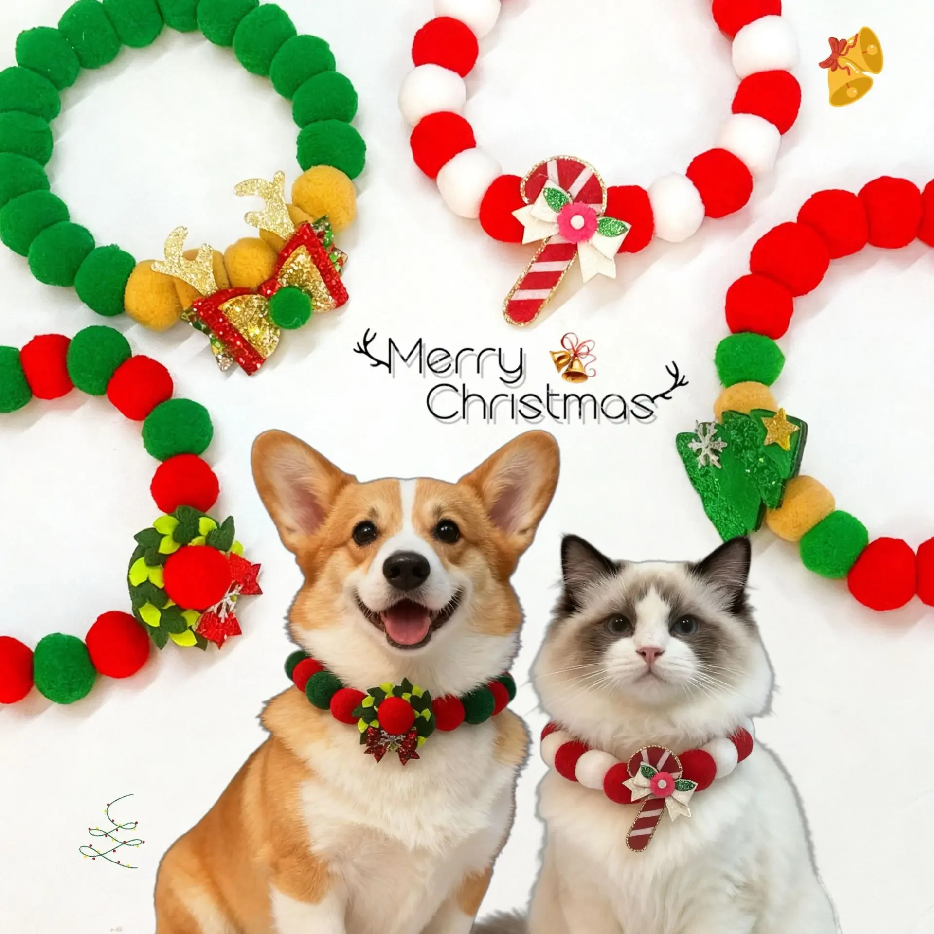 Perros Gatos Vacaciones Navidad Collar para mascotas con pompones - Poms y dijes festivos Cuerda elástica Accesorio festivo para decoración - imagen 3