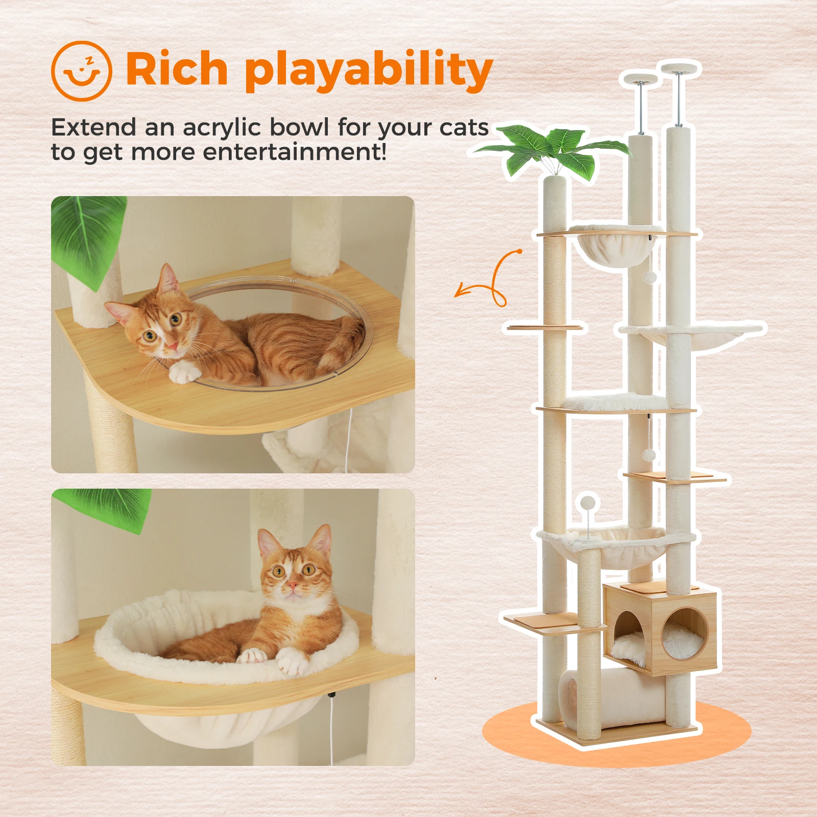 Árbol para gatos de madera ajustable en altura con hamaca grande, postes rascadores de Sisal, torre para gatos de piso a techo, acogedor Condo para gatos para interior - imagen 4