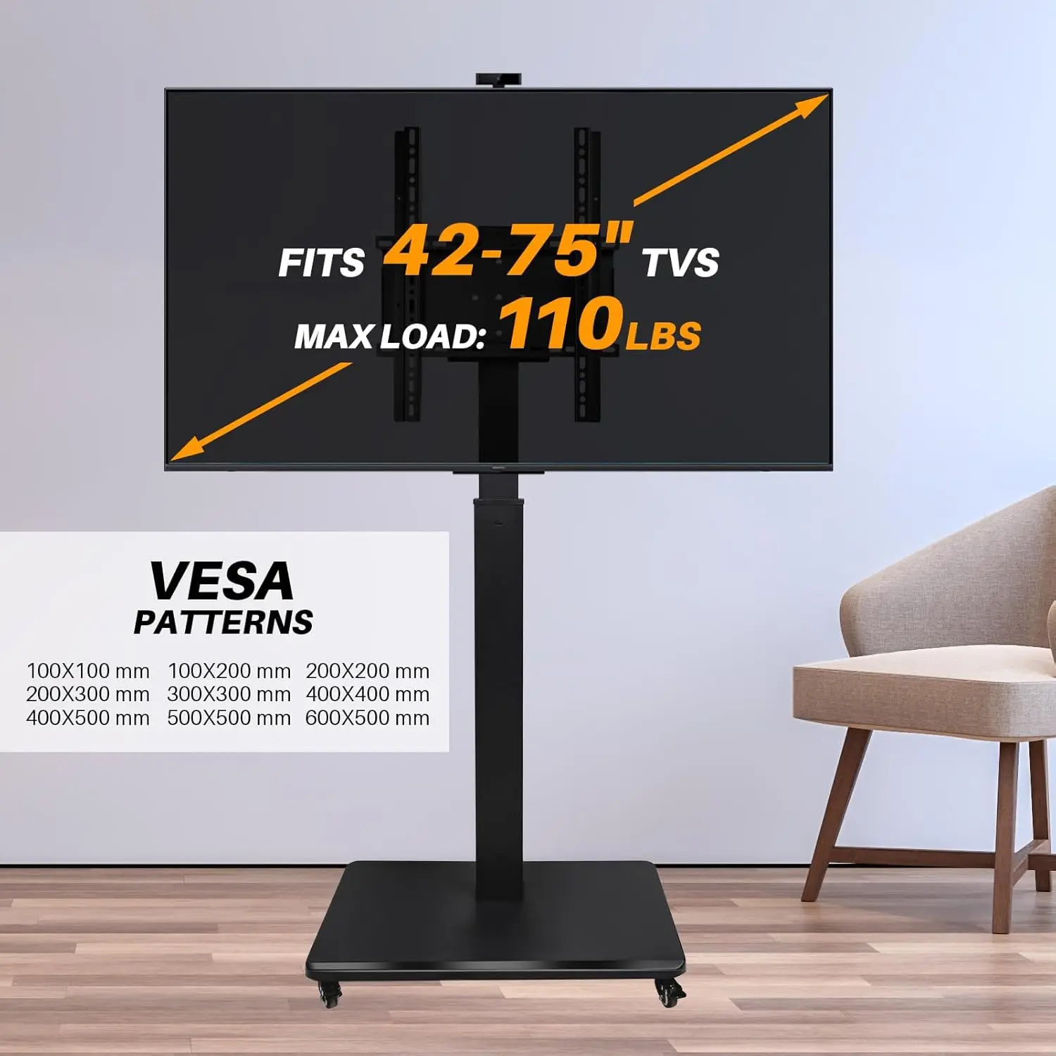 Soporte rodante para TV con manivela, ruedas, carrito para TV móvil para televisores de 42-75 pulgadas con soporte portátil ajustable en altura giratoria - imagen 5
