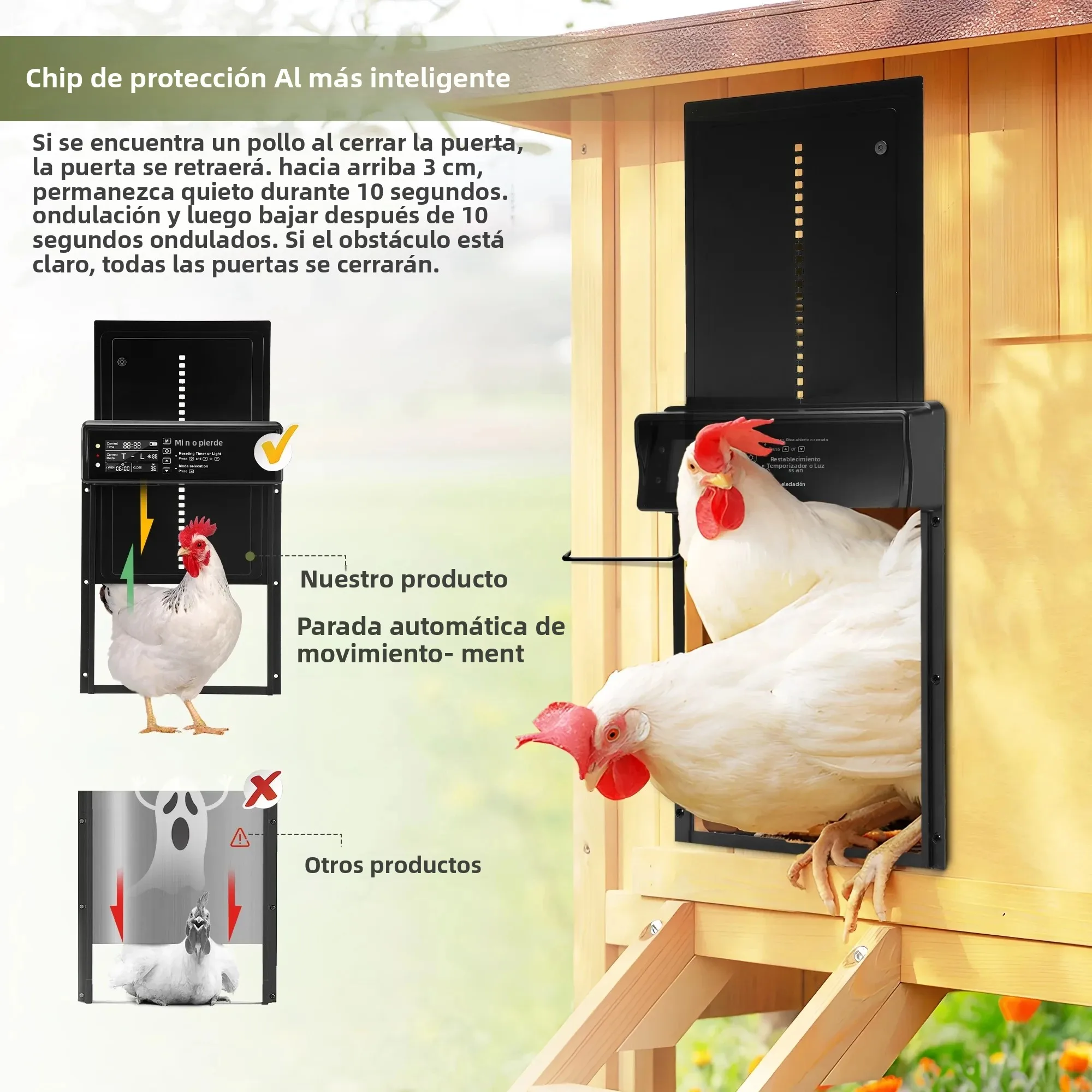 Puerta automática Solar para gallinero con pantalla LCD, Sensor de luz/temporizador/Control remoto puertas automáticas para pollos antipellizco a prueba de agua - imagen 5