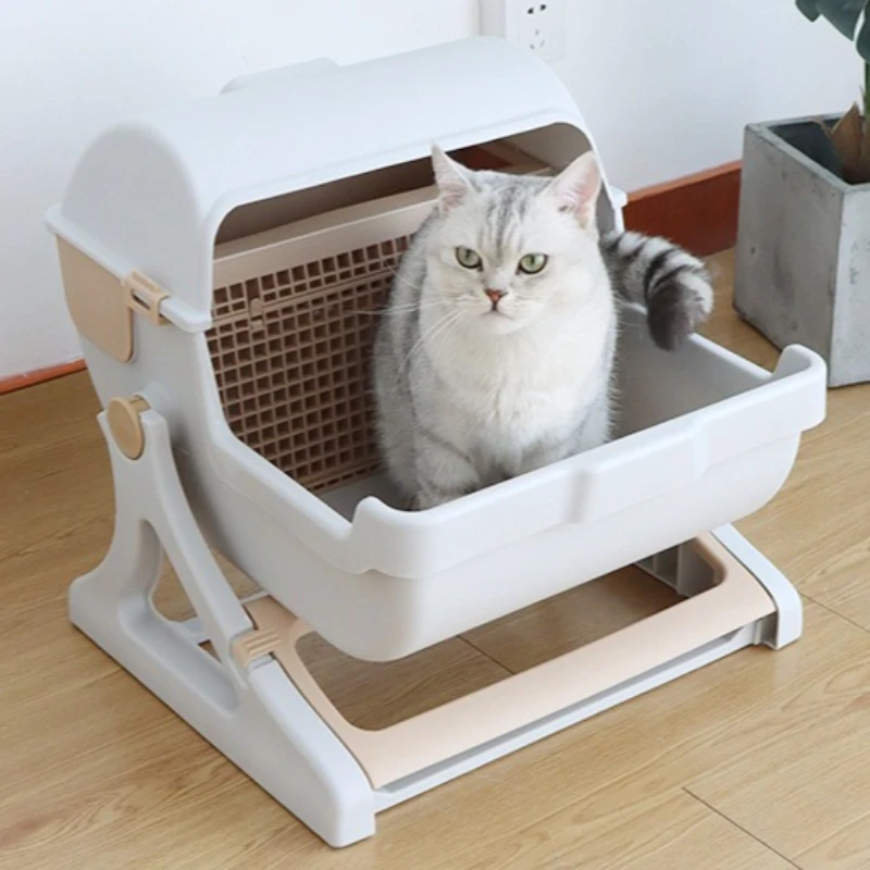 Caja de arena para gatos cerrada semiautomática con cubo basculante, caja de arena para gatos de gran capacidad, inodoro bonito de lujo para mascotas, suministros para mascotas