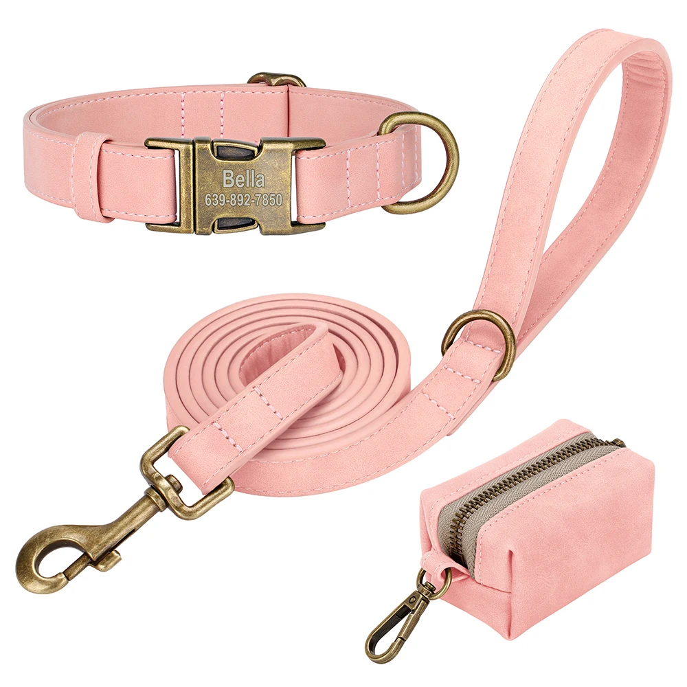 Collar personalizado para perros con correa y bolsa - cuero PU vintage - imagen 3