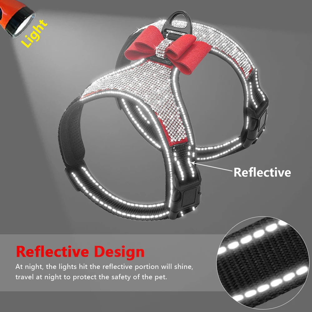 Arnés para perros con diamantes de imitación ostentosos, arnés reflectante para perros pequeños con bonito lazo, chaleco de nailon para cachorros y gatos, ajustable para perros y Pug - imagen 4