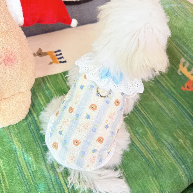 Falda Floral de encaje para mascotas, camiseta sin mangas fina de verano, abrigo con cuello de encaje a rayas, chaleco para perros y gatos, ropa transpirable para perros pequeños - imagen 2