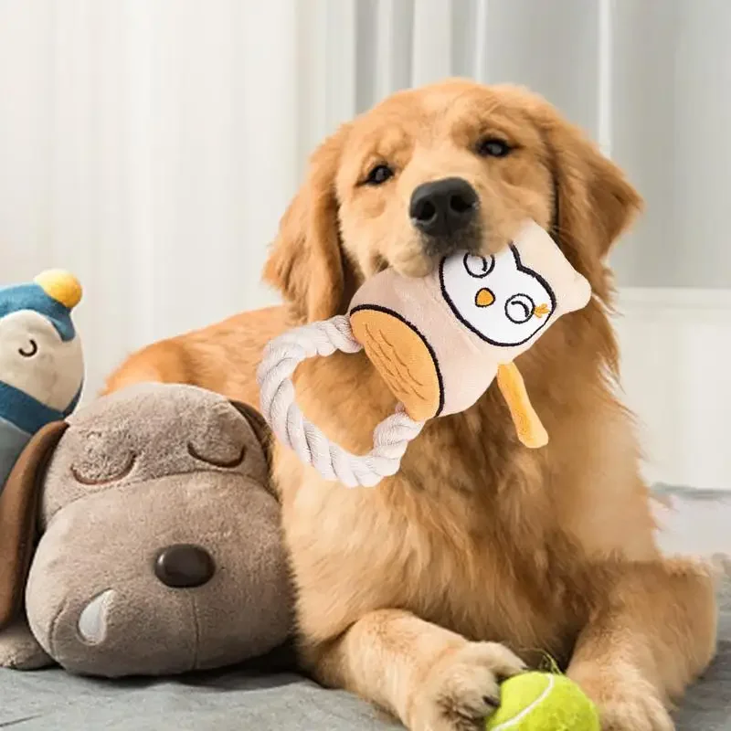 Juguete chirriante de peluche para perros, cuerda de algodón, búho, juguete para perros resistente a masticar, juguete creativo interactivo de entretenimiento para mascotas - imagen 2