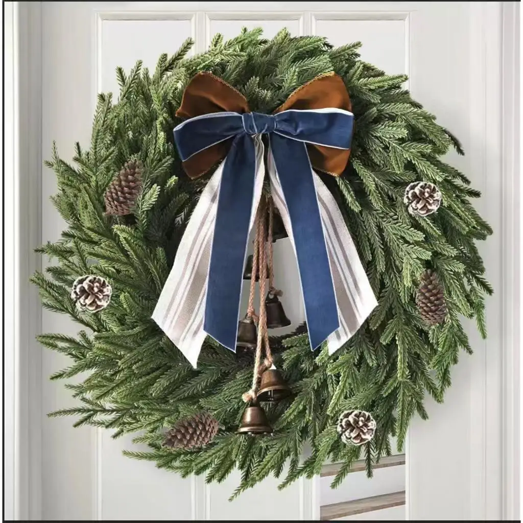 Corona navideña exterior de hojas verdes, corona navideña rústica de granja, decoración de guirnalda navideña, corona de puerta delantera para pared de balcón