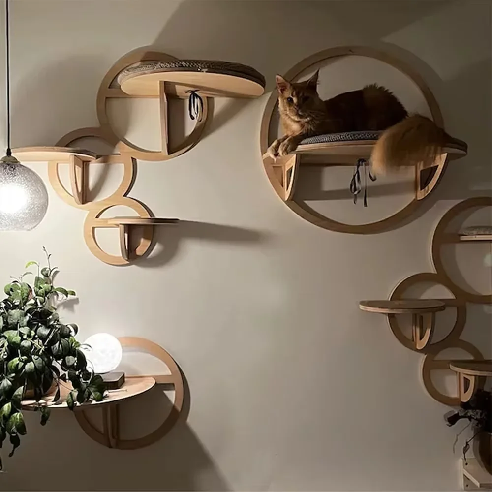 Estantes de pared circulares de madera resistentes para gatos, muebles de moda para gatos para descansar, explorar y jugar, punto montado en la pared para gatos de interior - imagen 2