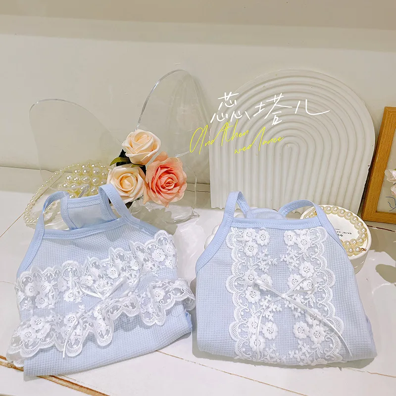 Vestido azul para perro, camisa con tirantes y volantes de encaje con estampado Floral rosa, vestido de princesa para cachorro pequeño, vestido de fiesta de verano para niña, cachorro - imagen 4