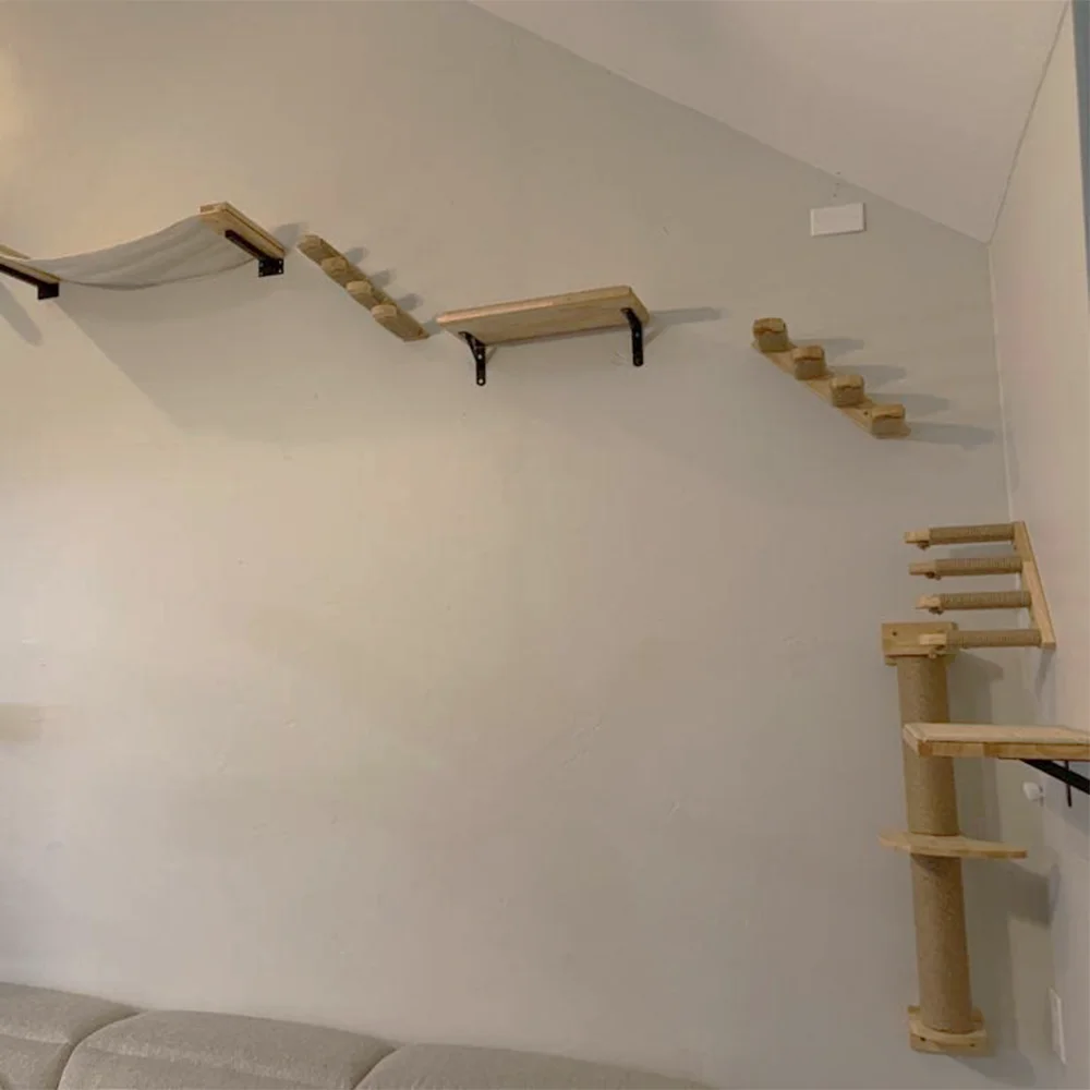 Árbol para gatos montado en la pared, plataforma y escalera, 4 escalones, poste para rascar, hamaca de pared, muebles de madera para mascotas, 1 pieza - imagen 2