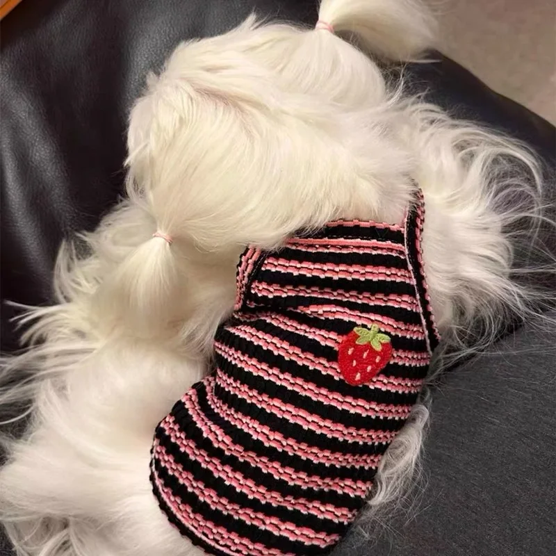 Ropa para mascotas a rayas Beige, chaleco fino para cachorros, Teddy, cabestrillo bordado de cereza, Bichon, ropa de verano, chaleco bonito Schnauzer - imagen 4