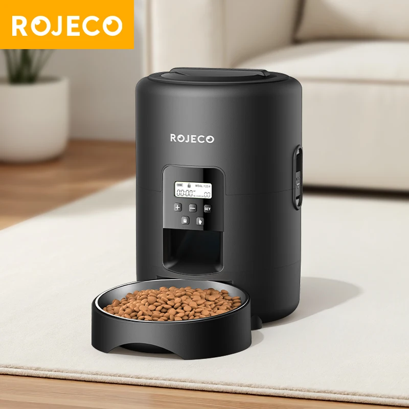 ROJECO-comedero automático para mascotas, 2L, inteligente, automático, comida para perros y gatos, versión con botón, alimentador inteligente para perros, suministros de alimentación para mascotas