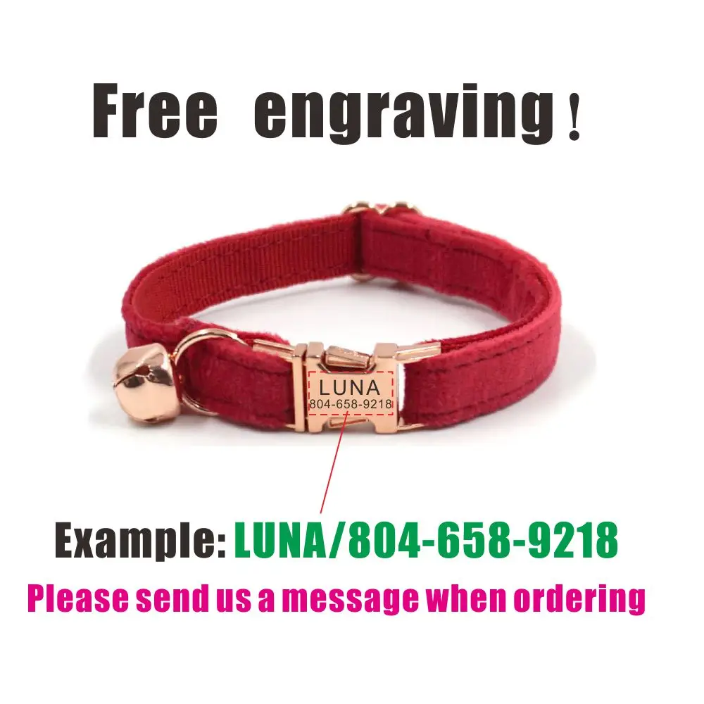 Collar de gato personalizado con campana, hebilla de metal con identificación de placa de identificación, collares de gato de terciopelo rojo brillante ajustables con campana - imagen 4